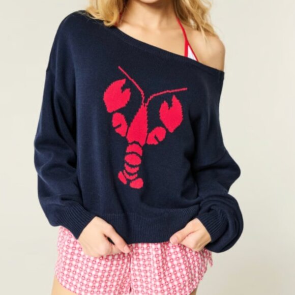 *NWT* Hollister Easy off the Shoulder Lobster Sweater - Navy Blue - Picture 1 of 4